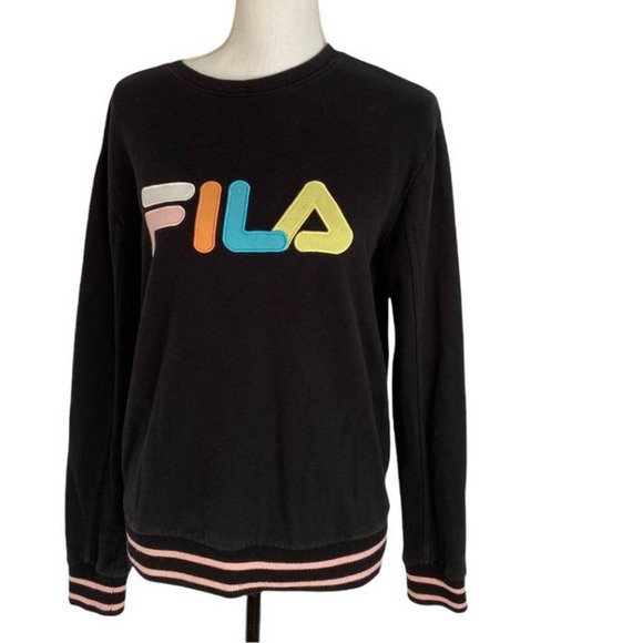 FILA Retro Black French Terry Crewneck Pullover Sweatshirt Woman's Size Medium - Picture 2 of 9
